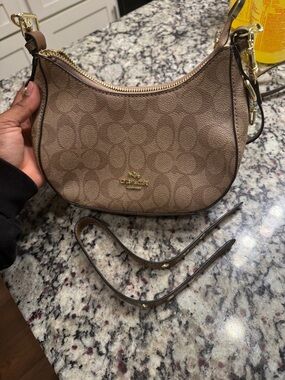 Coach Brown Signature Canvas Crescent Shoulder Bag with Gold Hardware